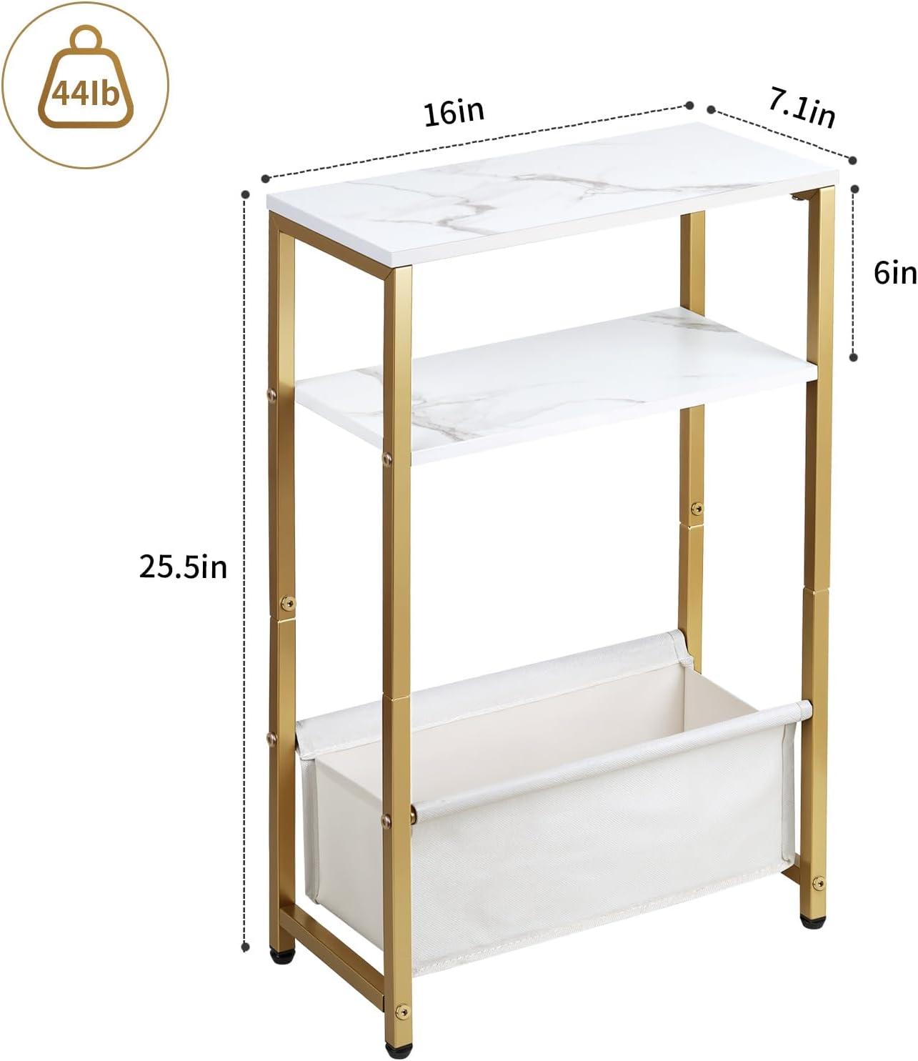 Narrow Side Tables Set of 2 for Small Spaces, Slim End Tables with Fabric Storage Basket, Thin Bedside Table with Faux Marble Tabletop for Living Room, Bedroom, Gold
