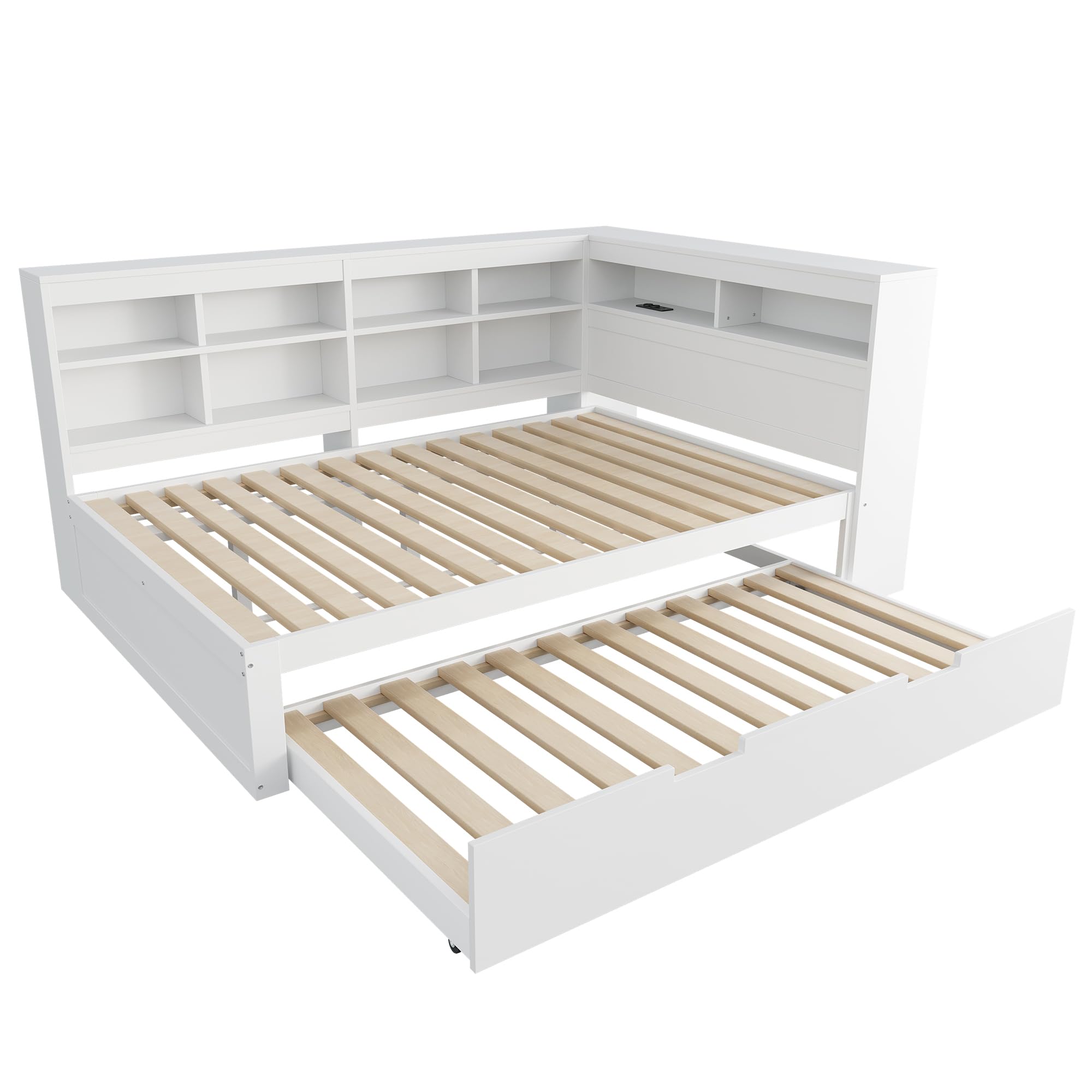 Merax Kinderbett 140 x 200 cm mit USB-Buchse, Jugendbett mit Ausziehbarem Bett 90x190 cm und Stauraum, für Kinder & Jugend, Massivholz, Weiß (Ohne Matratze)