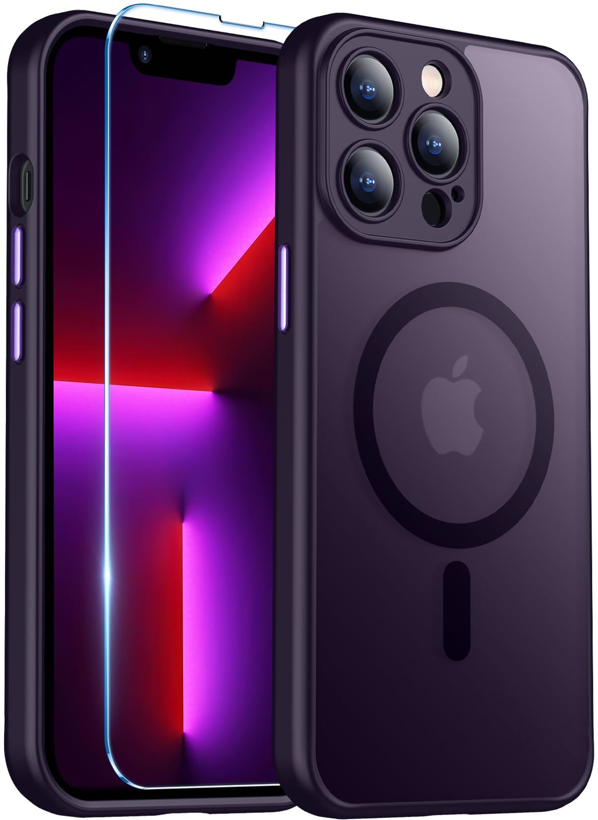 Red2Fire Magnetic for iPhone 13 Pro Max Case,Upgraded Full Camera Protection,Compatible with Magsafe,Shockproof Protective Translucent Matte Phone Case for iPhone 13 Pro Max - Deep Purple