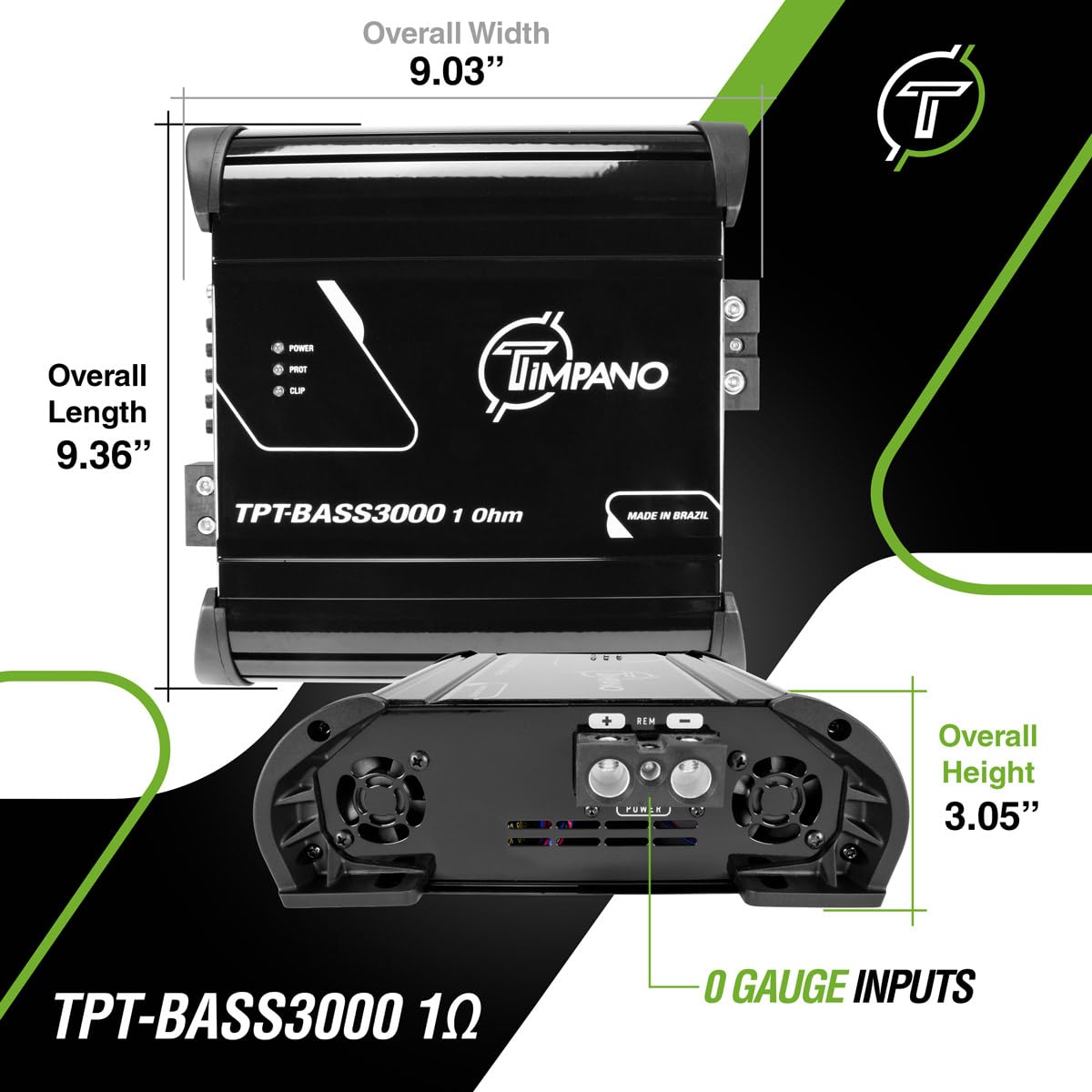 Timpano 3000 Watts Mono Subwoofer Car Audio Amplifier TPT-BASS3000 1 Ohm – 12 Volts 3K Monoblock Class D Car Amp, Built-in Crossover & Bass Boost with Smart Fans