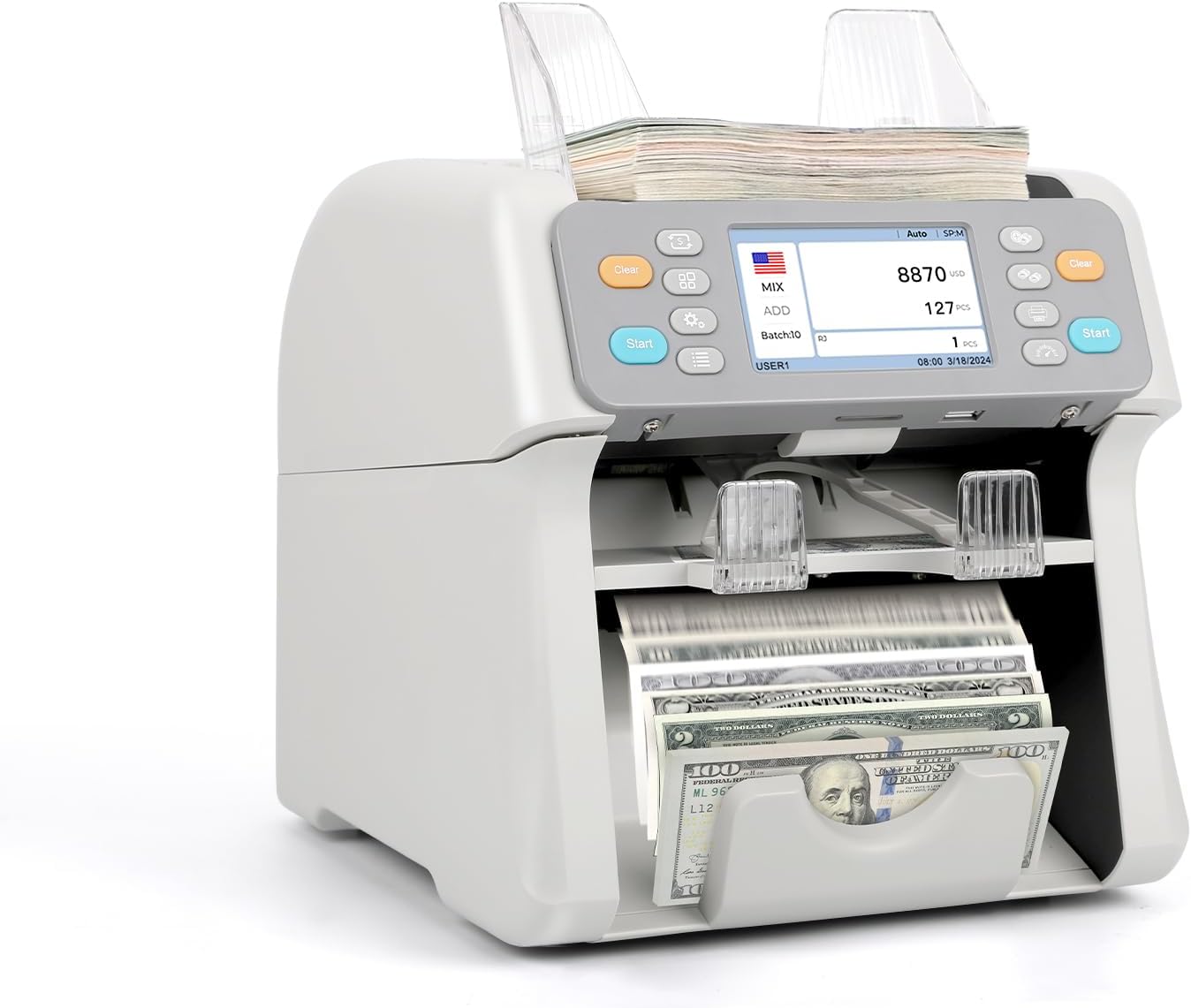 RIBAO TECHNOLOGY MCS-165 Two-Pocket Mixed Denomination Money Counter Machine, Value Counting, White Bill Counter Multi Currency, CIS/UV/MG/IR Counterfeit Detection for Business