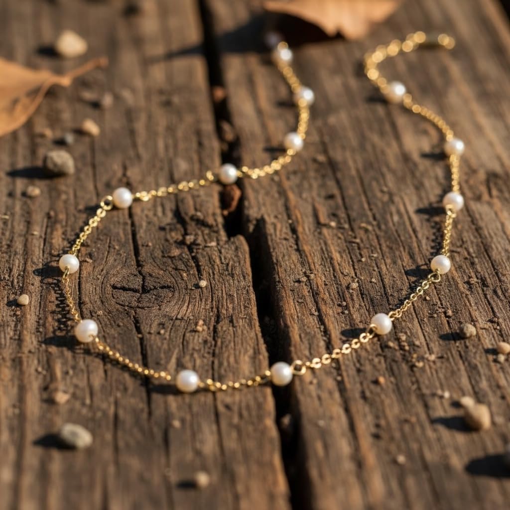 Elegant Pearl Station Necklace, 18K Yellow Gold Plated over Stainless Steel Chain with Freshwater Pearls, Delicate Choker Style for Women, Special Occasion Jewelry, Casual Necklace, 17-Inch Length with a 2-Inch Extension, Tarnish Resistant - Image 4