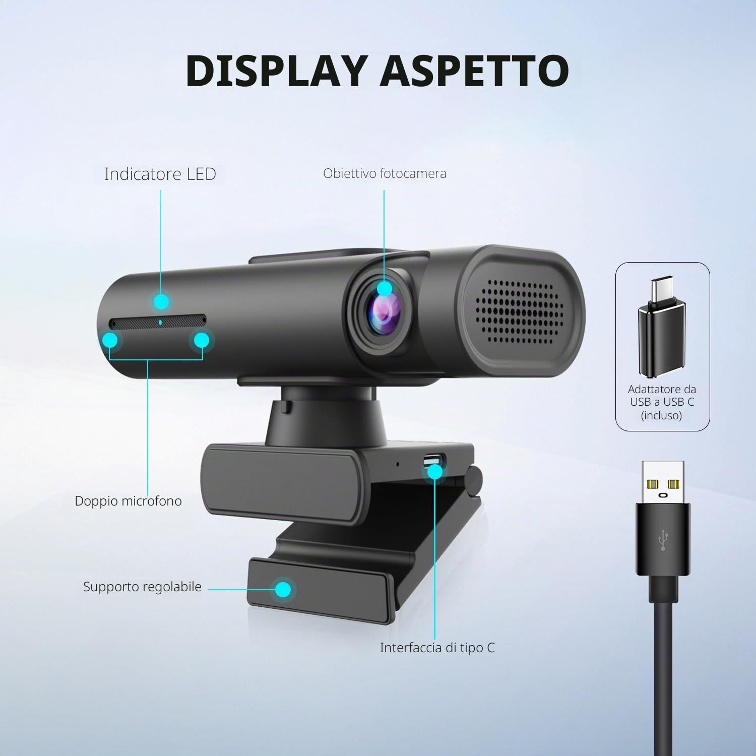 TOALLIN Webcam streaming 2K per PC, telecamera streaming PTZ con tracciamento AI, controllo gestuale, doppi microfoni con cancellazione del rumore integrati, webcam USB per conferenze, videochiamate
