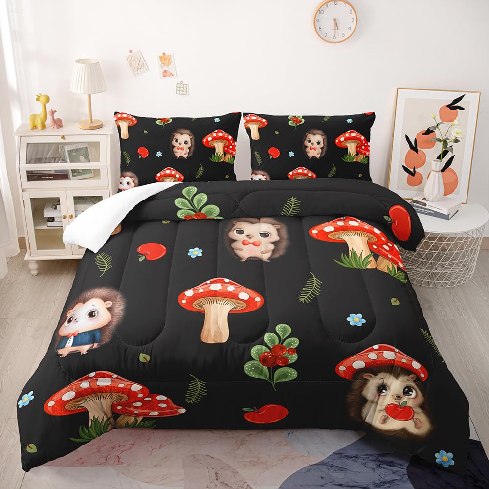 Lnxsesn Hedgehog Mushroom Coverless Duvet Coverless Duvet Single Microfiber Bedspread All Seasons Quilted Bedspreads Breathable Comforter Soft Quilted Throw +2 Pillowcases(50X75cm) 140X200cm