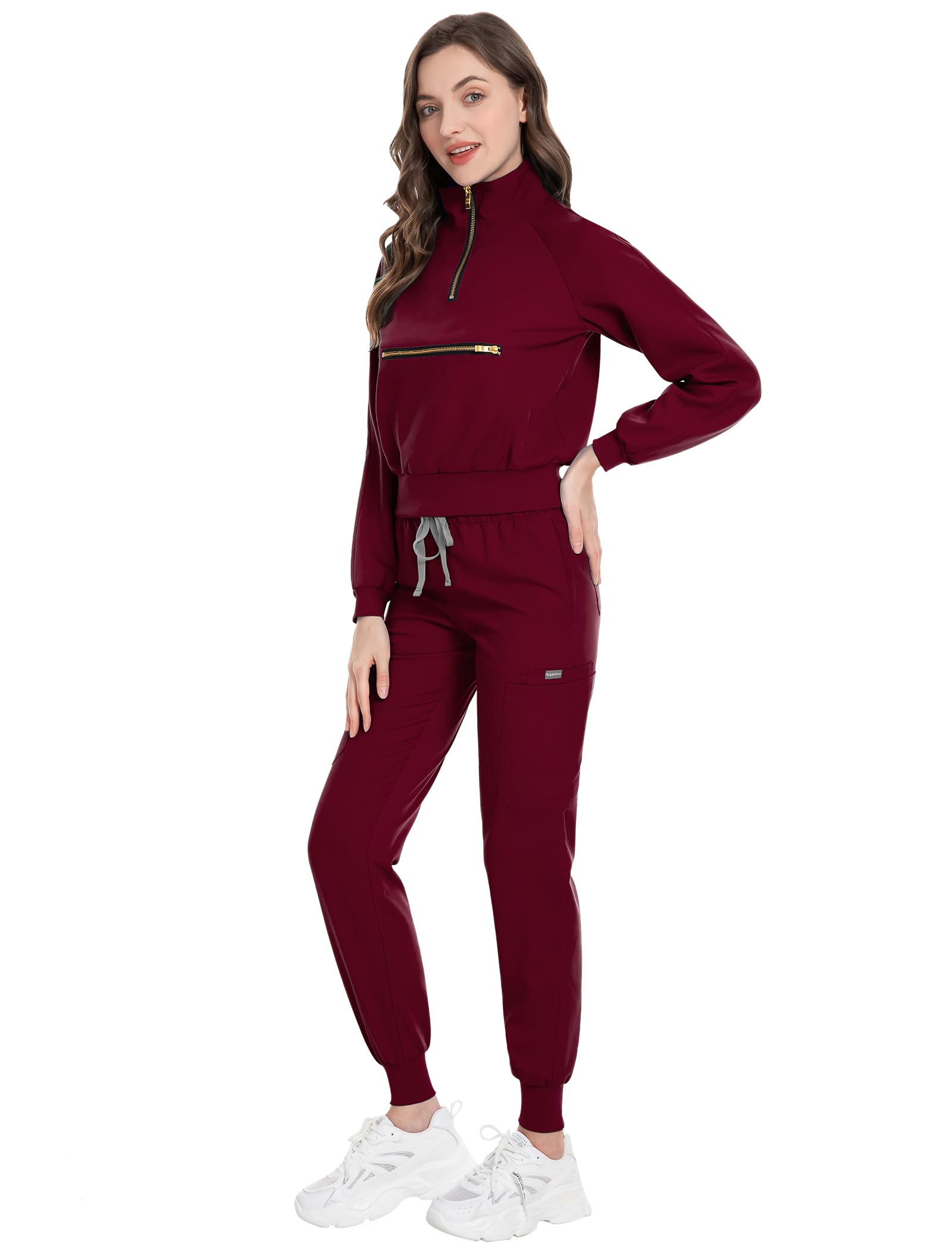 Scrub for Women Set-Long Sleeve Scrub Top with Zipper & Jogger Pants Medical Uniform Suit