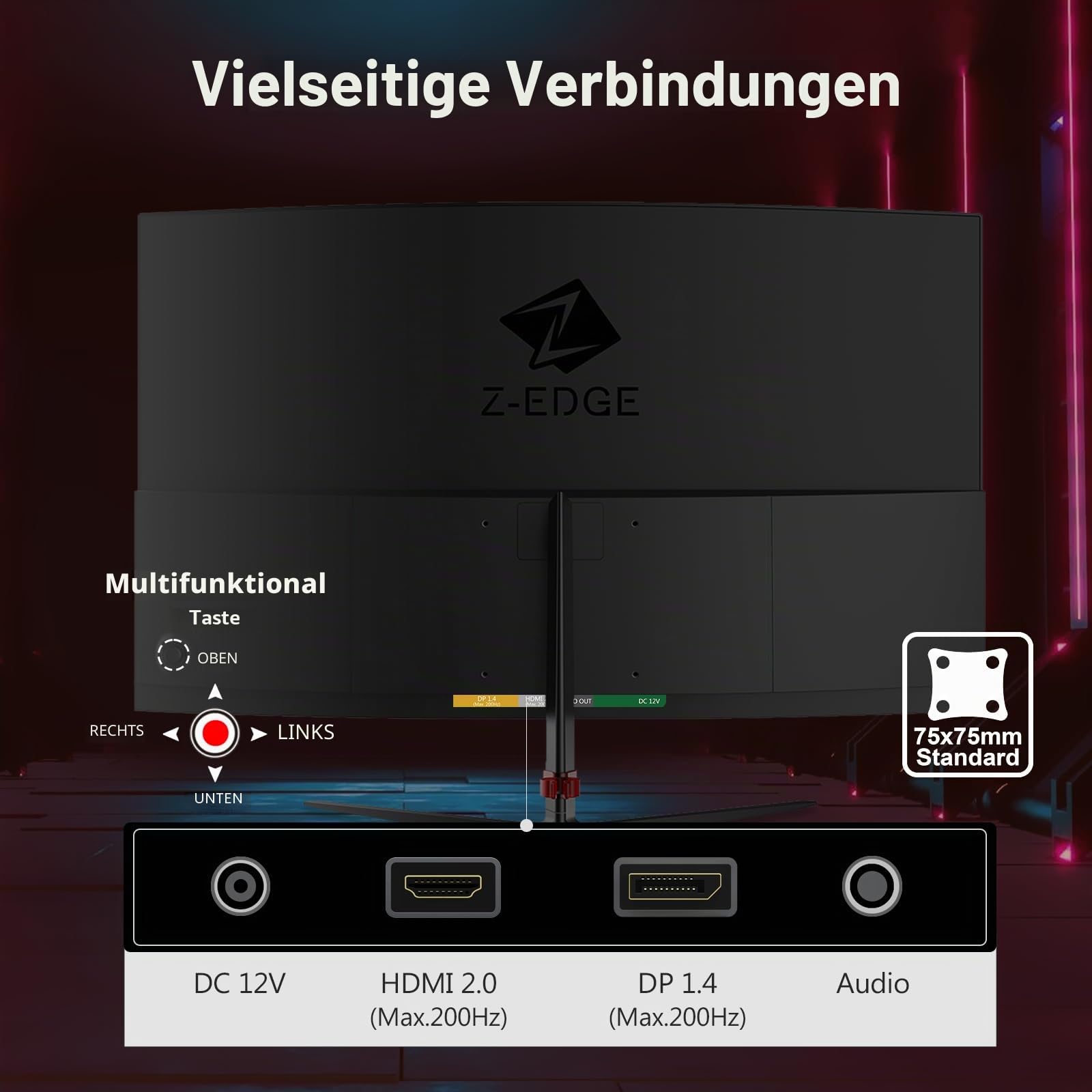 Z-Edge 24 Zoll Curved Gaming Monitor 200Hz 1ms VA 1080P 130% sRGB HDMI DP | Gebogener Bildschirm 16:9 Full HD 1920x1080, 300cd/m² Helligkeit, 3000:1 Kontrast, FreeSync, Fadenkreuz, Schwarz