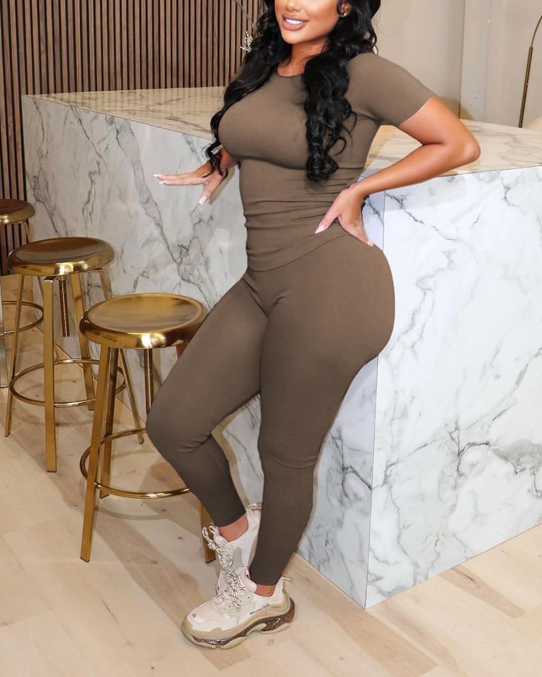 chicyes Workout 2 Piece Sets For Women Summer Casual Two Piece Outfits Short Sleeve Tops Long Pants Lounge Matching Set - Image 2