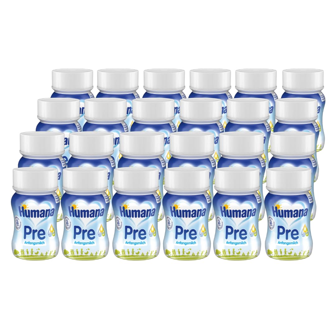 Humana Anfangsmilch Pre trinkfertig, von Geburt an, trinkfertige Säuglingsmilch, zusätzlich zur Muttermilch oder als alleinige Pre Nahrung, Babynahrung mit DHA und nur Laktose, 24 x 90 ml