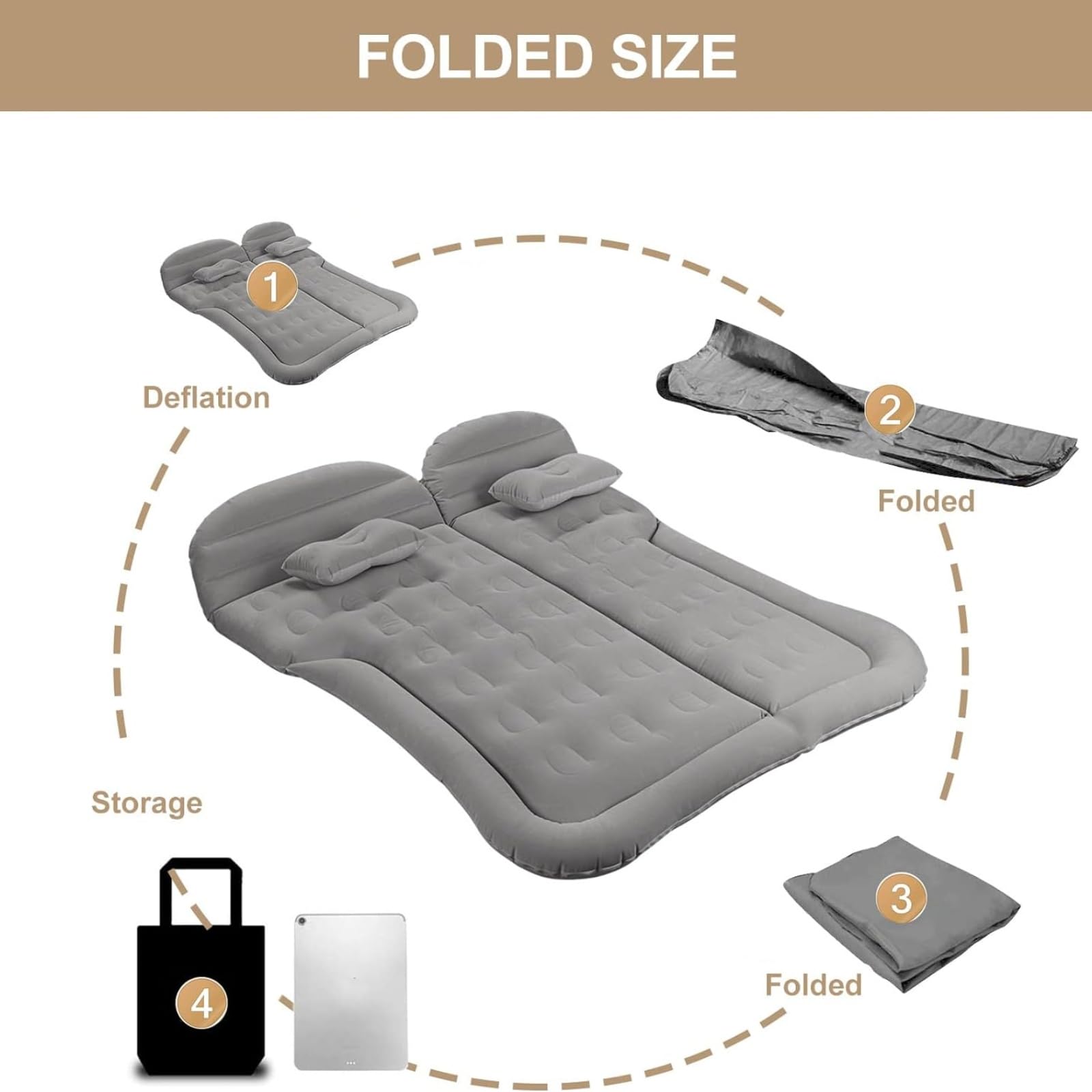 Materasso ad aria per auto, con pompa ad aria e 2 cuscini, universale, per bagagliaio e SUV, campeggio, viaggi, esterni, 175 cm x 130 cm, grigio