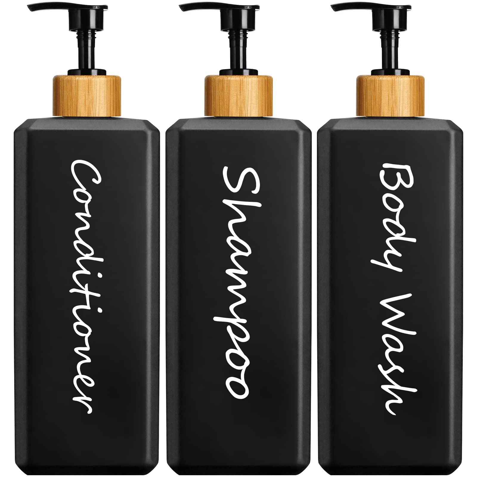 GMISUN Shampoo and Conditioner Dispenser, Refillable Black Refillable Shampoo and Conditioner Bottles with Bamboo Pump, Modern Bathroom Shower Bottles Set for Shampoo Conditioner Body Wash, 3 PackGlobal Recycled StandardGlobal Recycled StandardGlobal Recycled Standard