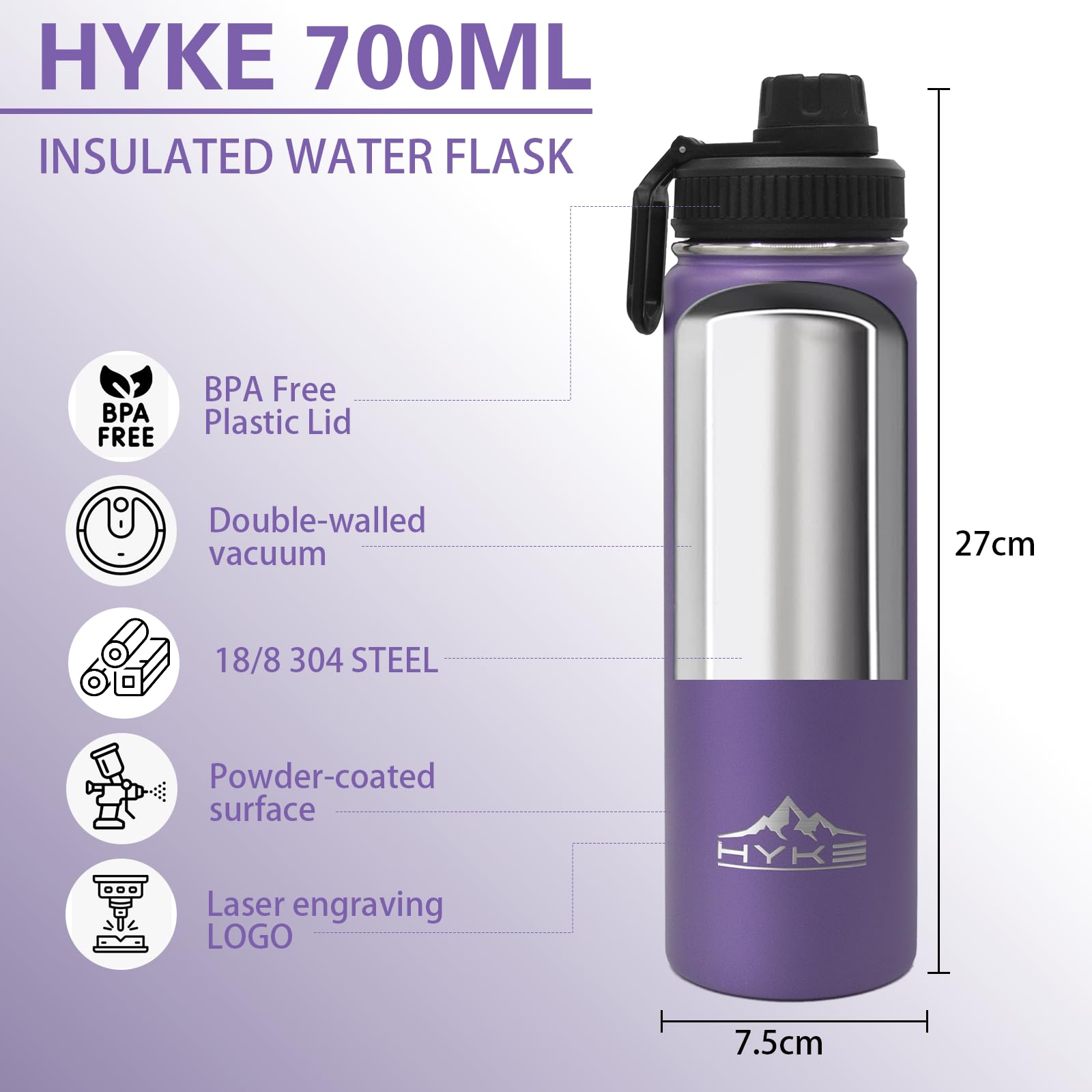U2PlCK Vacuum Insulated Water Bottle 700ml (24OZ) Leakproof Outdoor Mug with 3 Replaceable Cup Lids for Cycling,Running,Gym,Camping,Travel (Purple) - Image 2