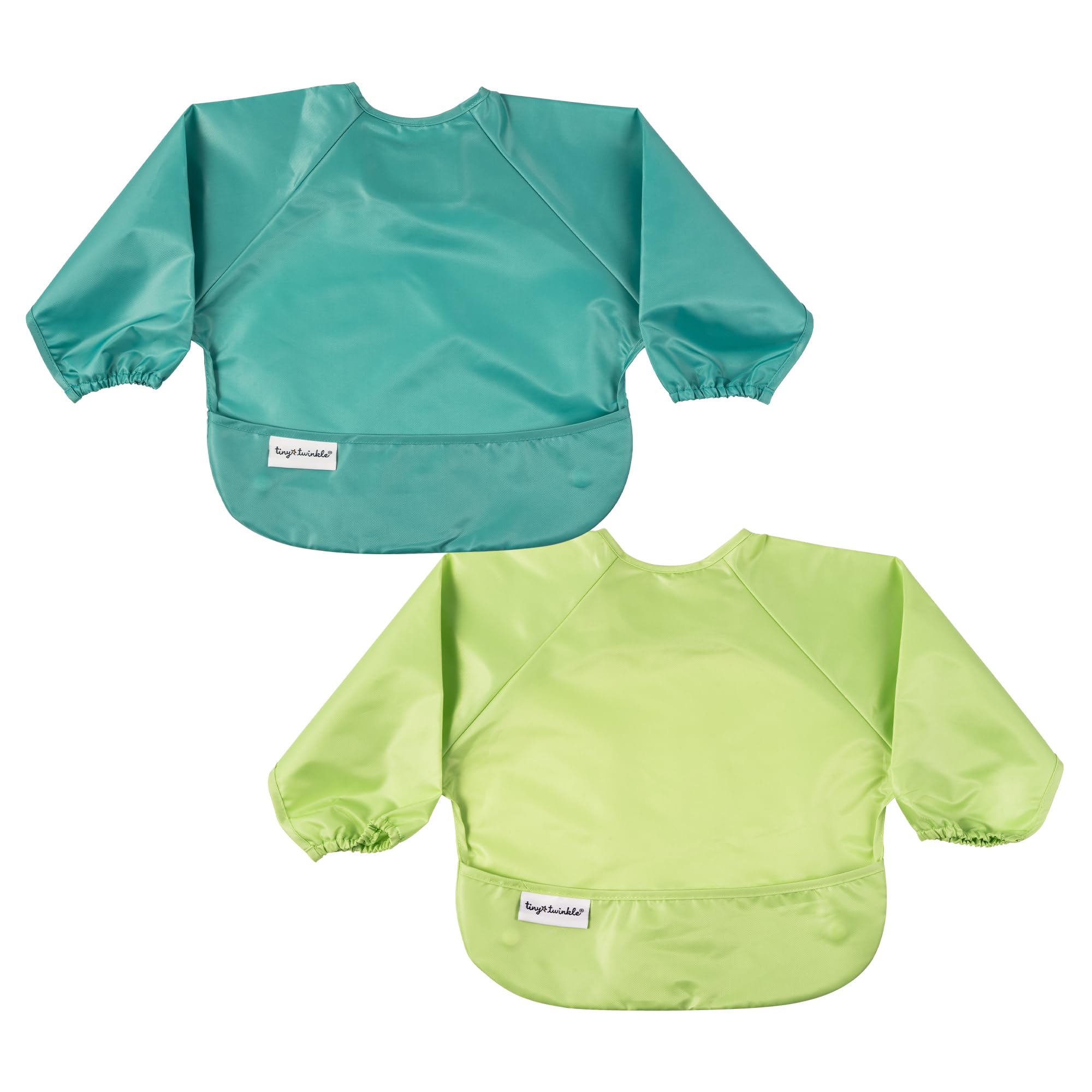 Tiny Twinkle Mess Proof Baby Bibs, 2-Pack – Waterproof Baby-Led Weaning Apron | 100% Recycled Polyester, Easy to Clean & Machine Washable Long Sleeve Bibs (Rainforest, Small 6–24 months)