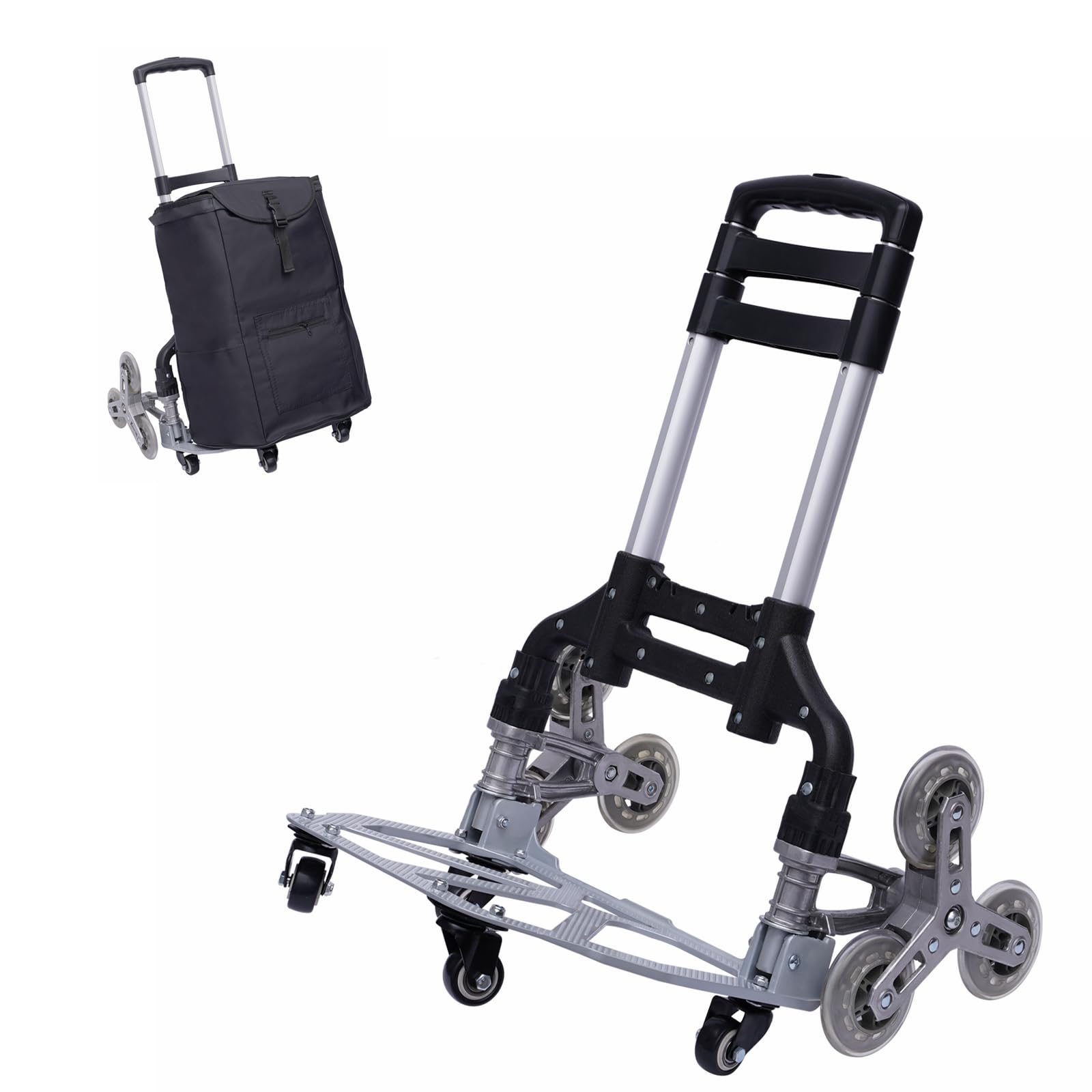 Carrello pieghevole in alluminio, con impugnatura regolabile in altezza, borsa impermeabile rimovibile, corda elastica, carrello pieghevole per scale con pneumatici in gomma rigida