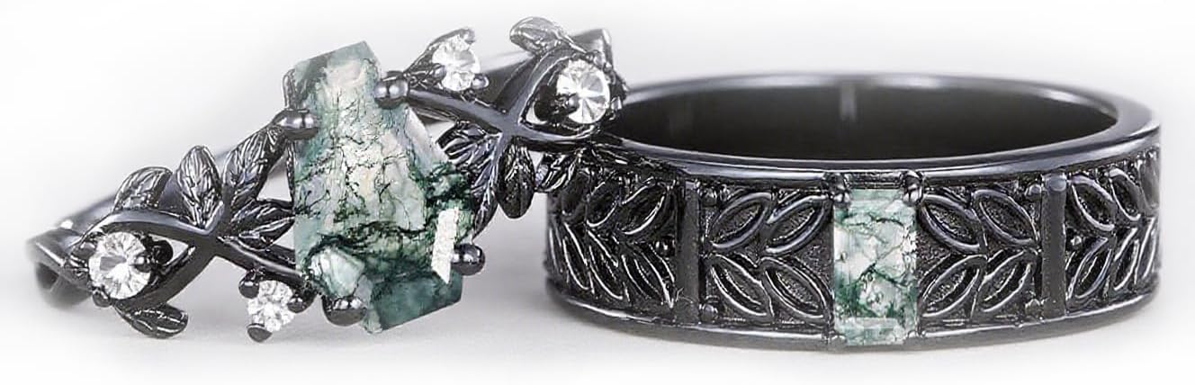 Natural Heart/Oval/Hexagon Moss Agate Couple Black Engagement Rings Set for Men and Women Matching Rings for Couples S925 Silver/10K/14K/18K Real Gold Vintage Vine Wedding Jewelry for His and Her（size 4-16）