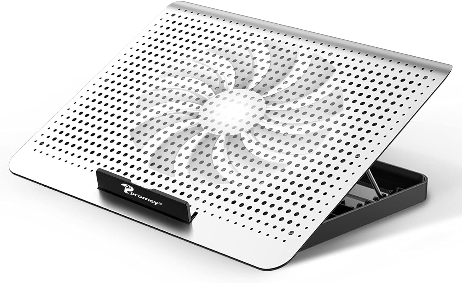 Proffisy Aluminum Laptop Cooling Pad with One Big Quiet Cooling Fan, Laptop Cooler Stand with 7 Height Adjustable, Notebook Cooler pad for Laptop 15.6 14 13 12 Inch, Two USB Ports (Silver)