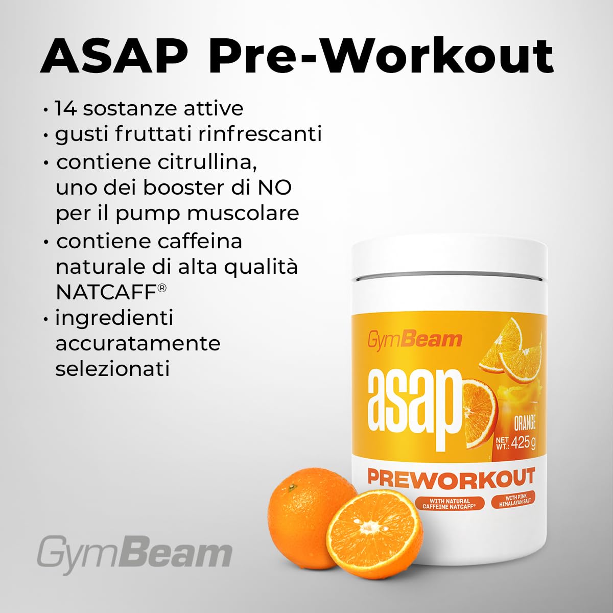 GymBeam Asap Pre-Workout Premium - Pre Allenamento Con Caffeina NATCAFF® - Integratore Pre Workout Pump Con 14 Sostanze Attive, Citrullina, Tè Verde, Niacina, Vitamina B12 (425 g, Arancia)