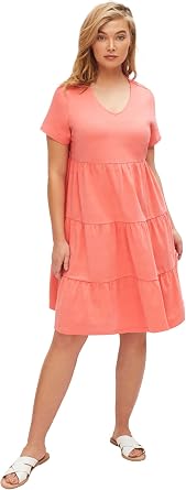 ellos Cotton Spandex V-Neck Short Sleeve Tiered A-Line Dress