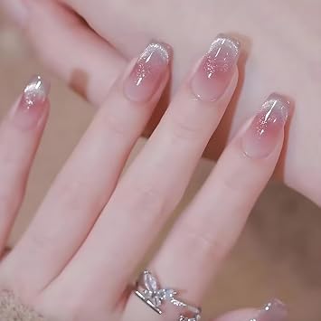 24 Pcs Press On Coffin False Nails - Long, Ballerina Style, Full Cover, Gradient, Simple with Glue - Artificial Stick On for Women & Girls Daily Wear