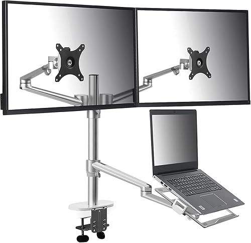 Soporte para monitor de portátil 3 en 1 de altura ajustable compatible con portátil de 13 a 17.3 pulgadas, con capacidad para 2 monitores de 11 a 27