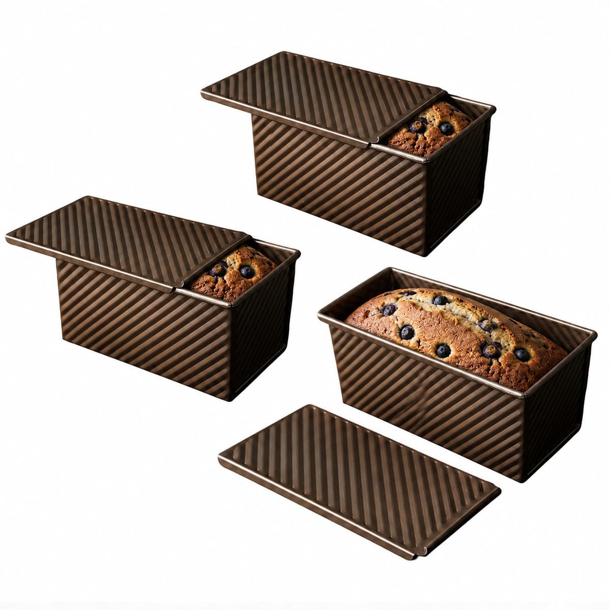 Baannaww 3PCS Pullman Loaf Tin with Lid 450g Thickened Non Stick Toast Bread Tin Corrugated Carbon Steel Bread Baking Pan Gold Loaf Mold for Sandwich Bread 21x10.7x11CM
