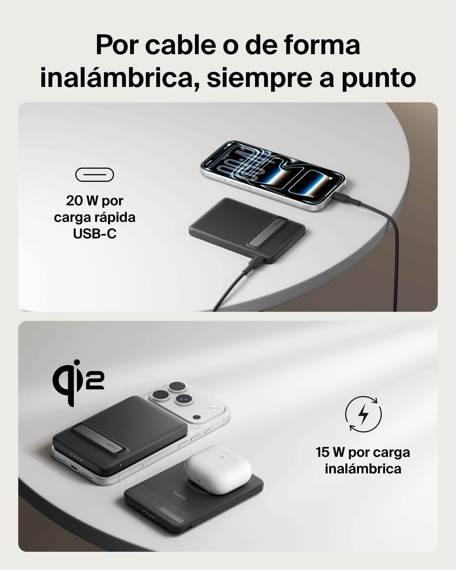 Belkin BoostCharge Batería Externa Magnética Delgada 5000 mAh Soporte Negro | Power Bank Qi2 de 5000 mAh, Anillo Magnético, 1 Puerto USB-C, Cable Incluido, Apta como Equipaje de Mano, Batería Portátil
