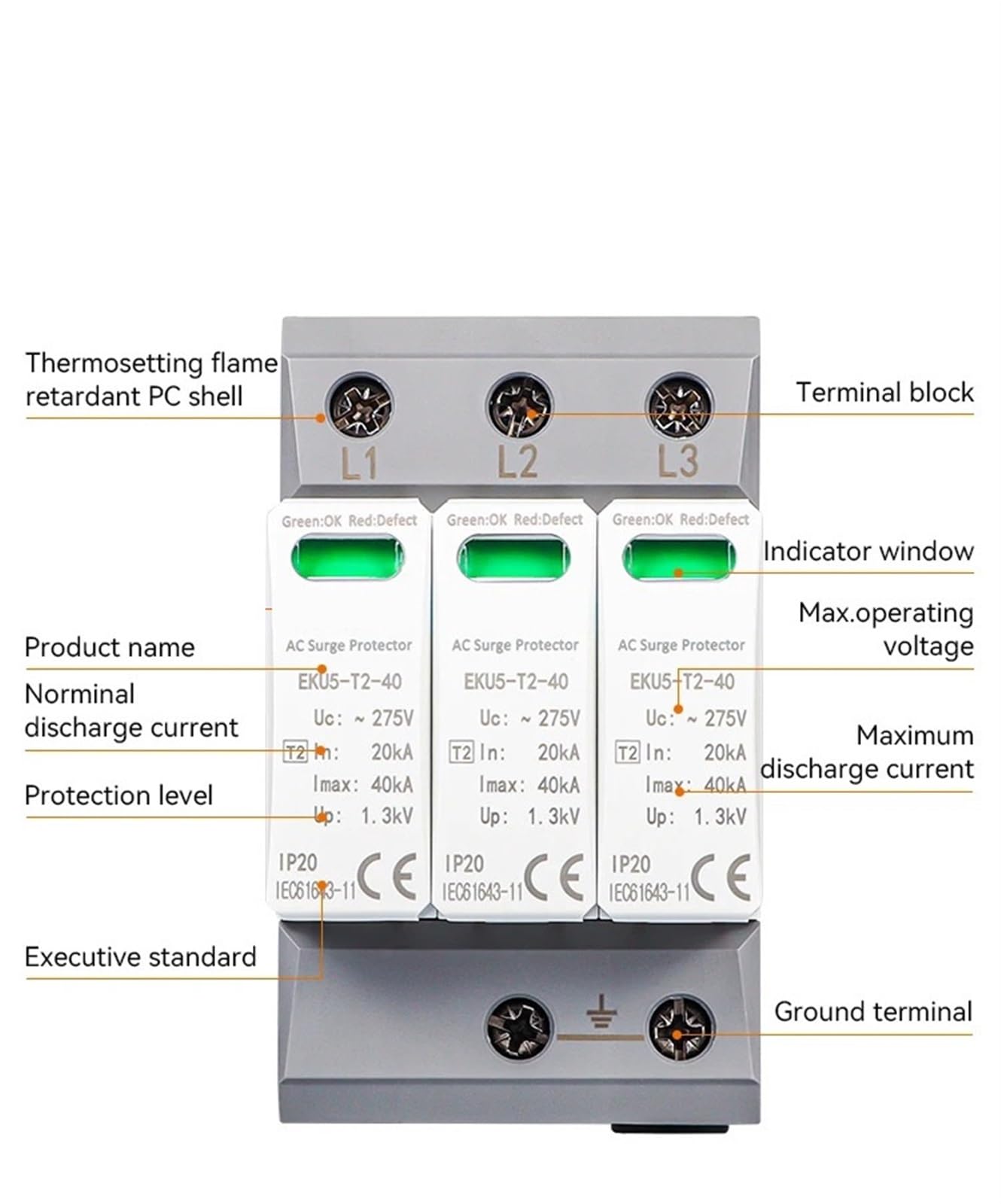 Dispositivo di protezione contro le sovratensioni for la casa Protezione scaricatore Tipo di protezione T2 SPD AC 2P 3P 4P 20KA ~ 40KA 275 V EKU5 1 pz((T2) 3P 275V)