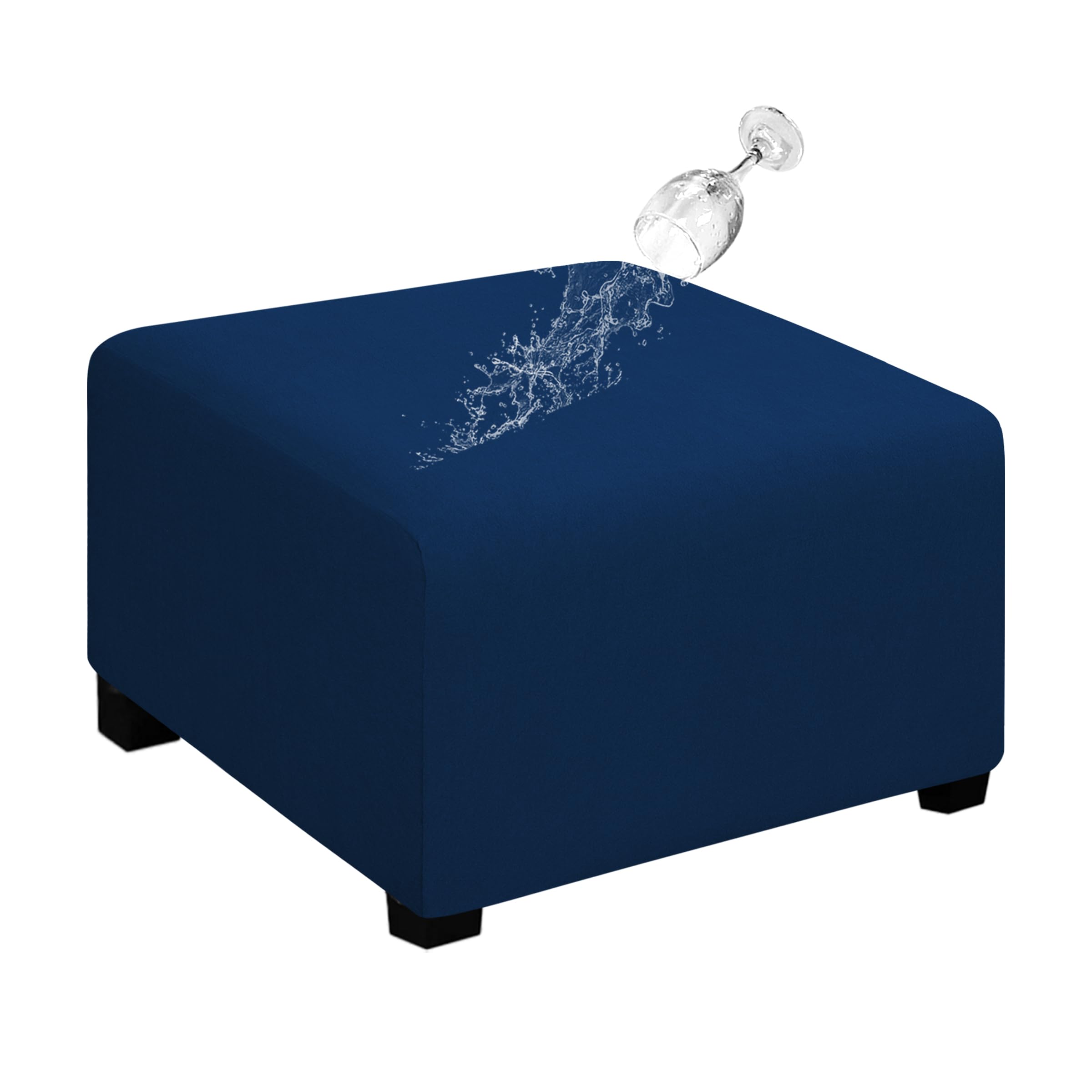 Easy-Going 100% Dual Waterproof Stretch Ottoman Cover 30x30x15inch Square Folding Storage Stool Furniture Protector Soft Slipcover for Living Room Navy