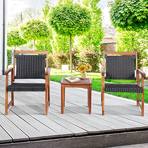 Tangkula 3-Piece Patio Acacia Wood Bistro Set, Patiojoy Outdoor Furniture Set with 2 Chairs & 1 Side Table, Weather Resistant Rattan Garden Conversation Chair Set for Pool Side, Deck, Balcony - Image 3