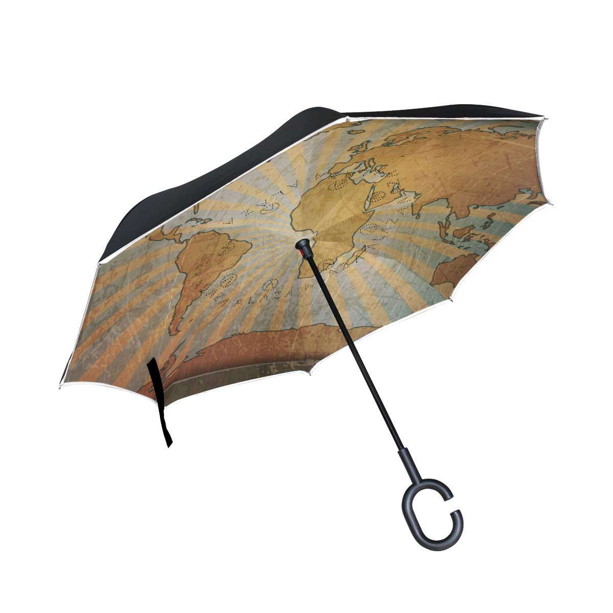 Mnsruu Paraguas invertido de Doble Capa con Tarjeta Vintage de mapamundi Plegable Paraguas Resistente al Viento con protección UV para Uso en Coche, Lluvia al Aire Libre con Mango en Forma de C