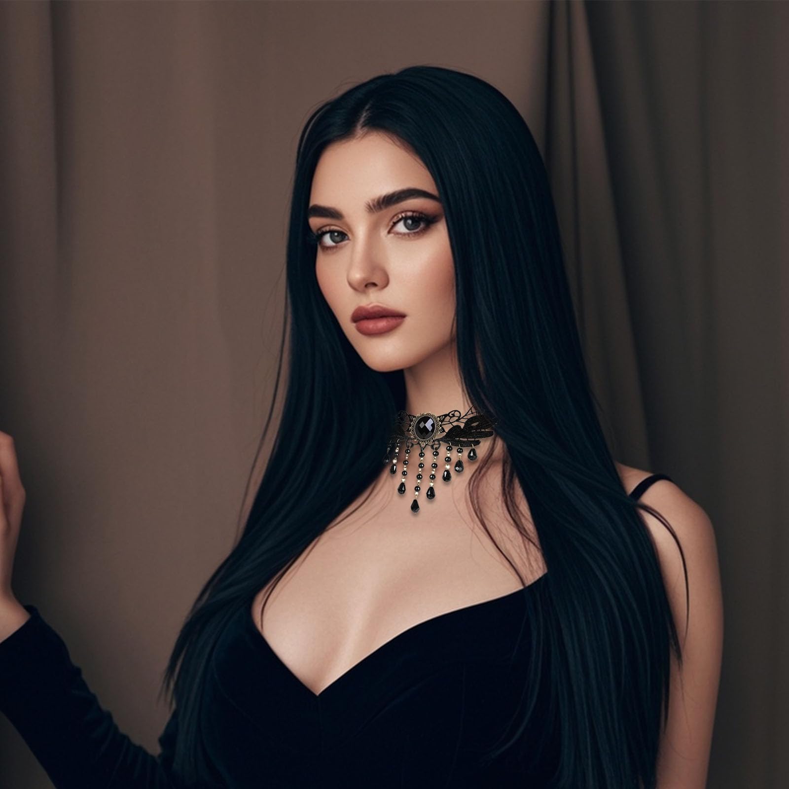Peruka czarna kostium czarownicy dla kobiet z akcesoriami, kostium Morticia Addams na Cosplay, Halloween, karnawał i imprezy tematyczne