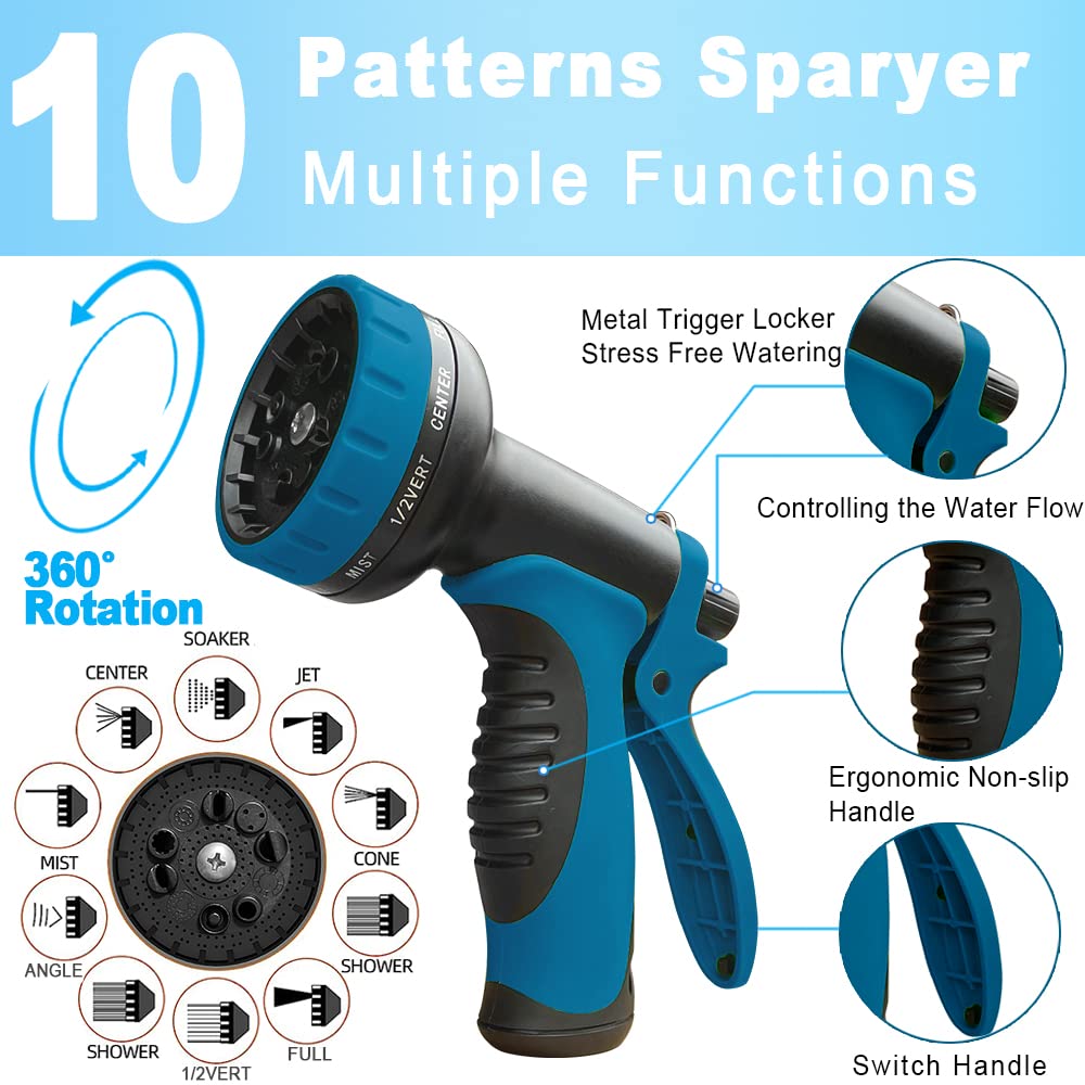 50 ft Expandable Garden Hose with 10 Function Nozzles, Water Hose with 60 Layers Elasticity Nano Rubber, 3/4" Solid Brass Fittings, Flexible Hose Expanding Water Pipe for Watering and Washing, Black