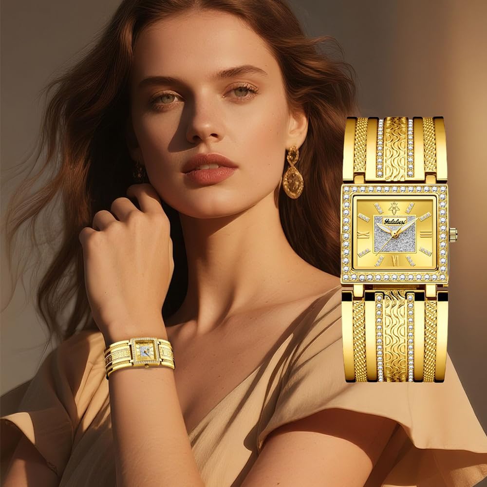 Orologio da polso analogico al quarzo da donna, quadrante quadrato con cristalli, con scatola