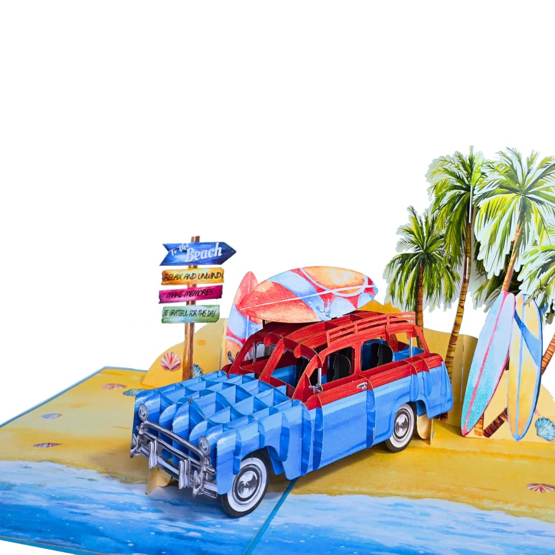 PIECE GIFT Pop Up Fathers Day Card, 6x8 inches Classic Car Beach Fathers Day Card for Dad, Husband, Son, Grandpa With Envelope