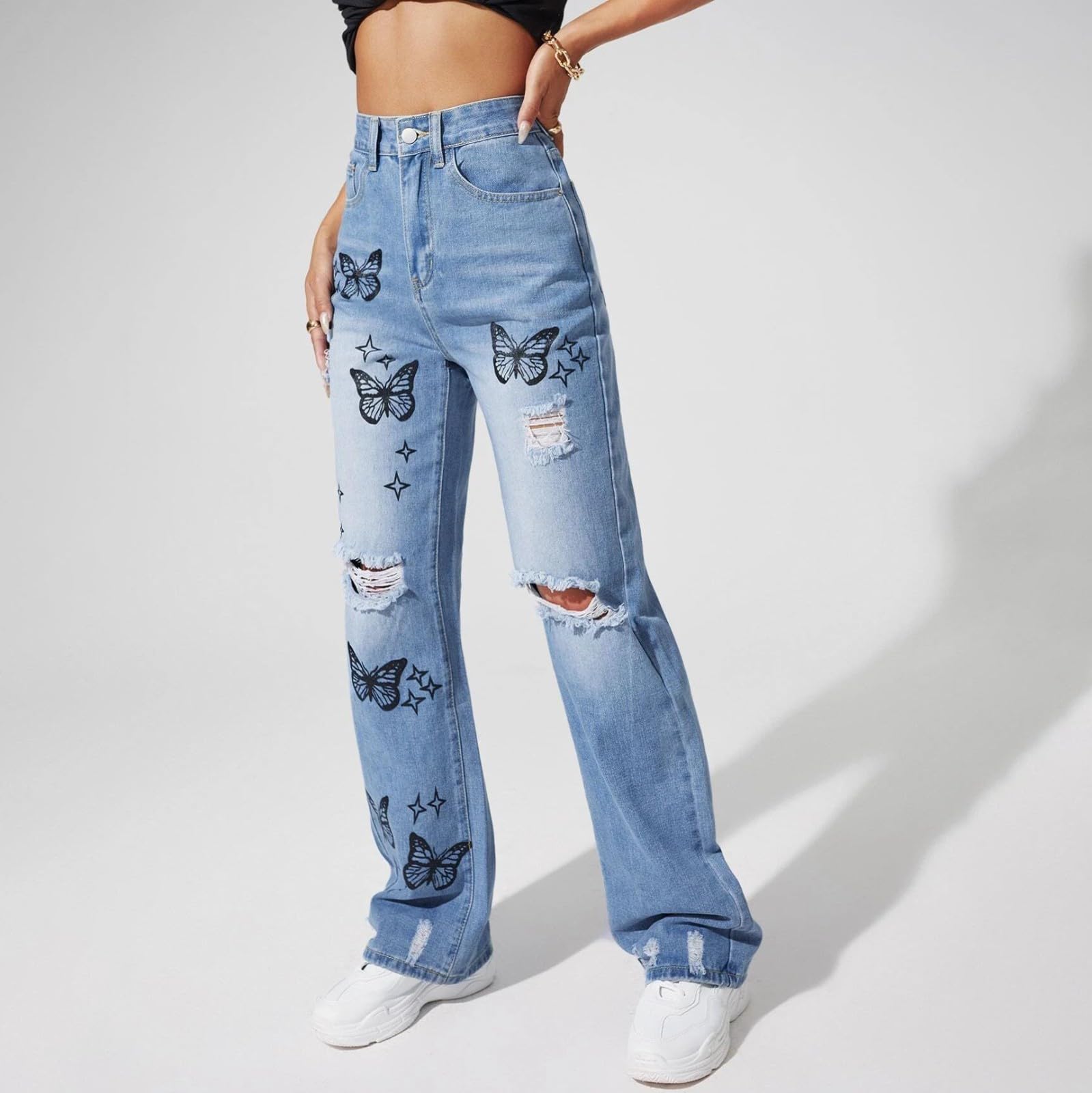 Générique Pantalon De Grossesse à la déchiré et brodé pour Dames Pantalon Molleton (Blue, L)