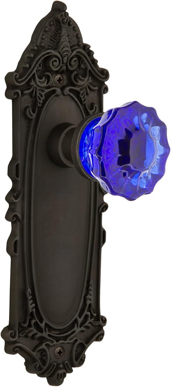 Nostalgic Warehouse 725167 Victorian Plate Privacy Crystal Cobalt Glass Door Knob in Antique Brass, 2.375