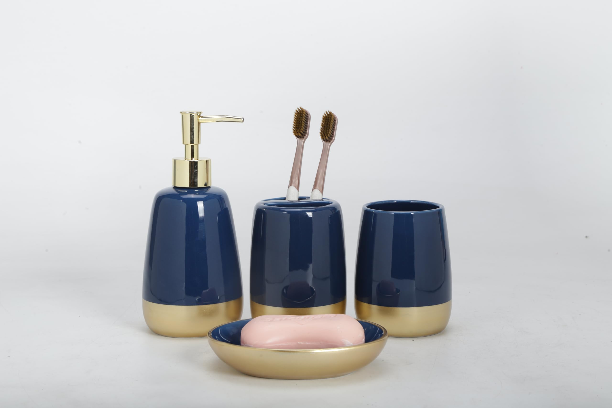 Navy Blue Gold Luxury Bathroom Accessories Set 4 Pieces,Vanity Countertop Ceramic Accessory Set for Bathroom Decor with Soap Dispenser,Brush Holder, Tumbler,Soap Dish (Navy Blue)