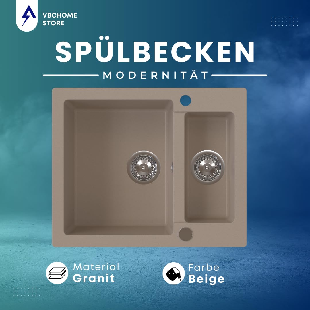 VBChome Spülbecken 60x50x20 cm Beige Granit 1,5 Becken Einbauspüle gesprenkelt Restebecken Siphon
