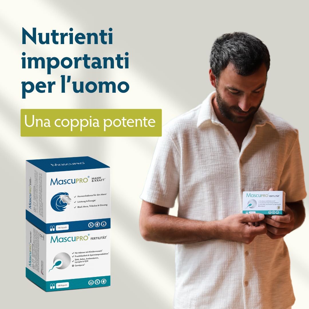 MascuPRO® Fertilitá - Produzione di spermatozoi - 180 Capsule per la fertilità maschile - L-carnitina, Zinco