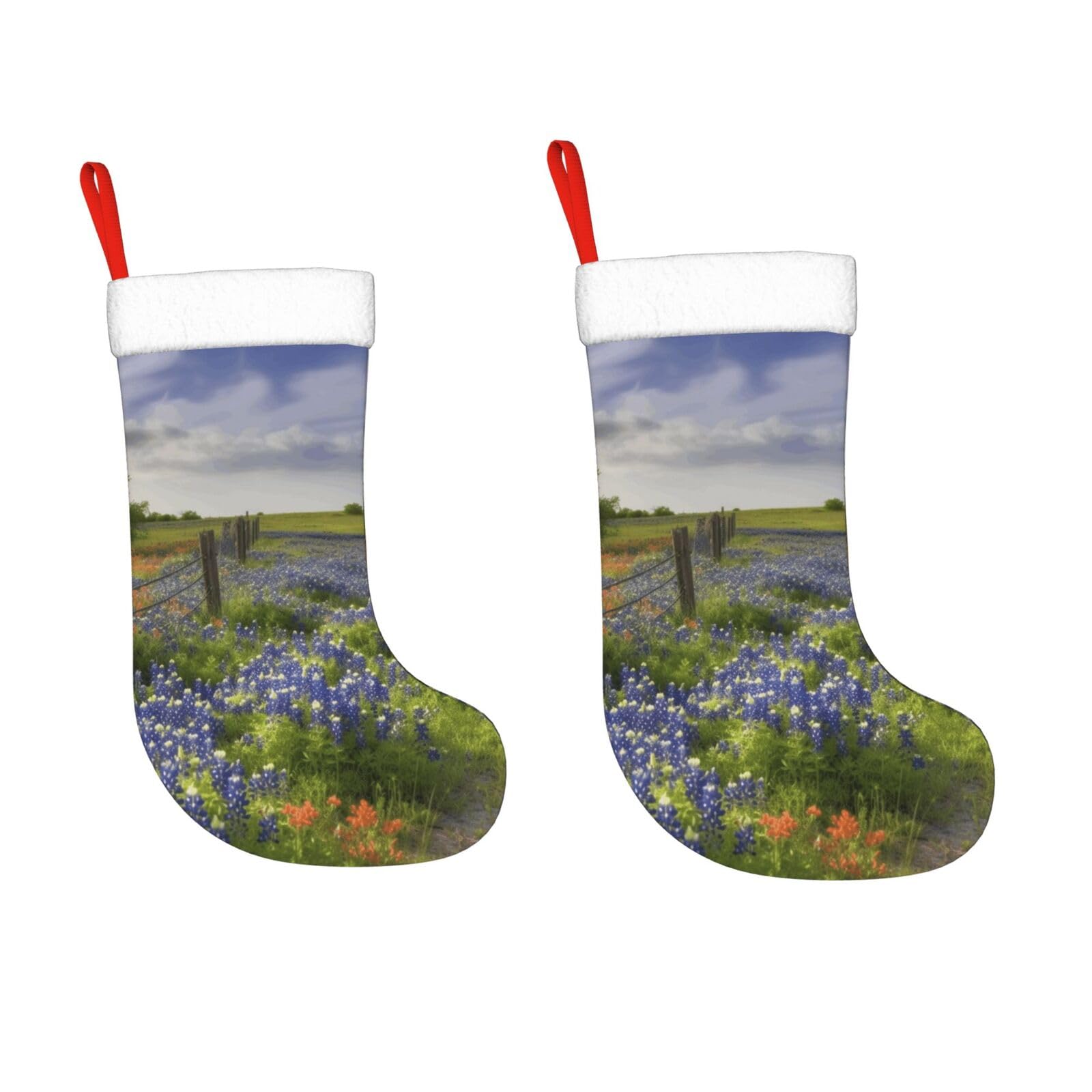 KLOPH 2 Pack 18 Inches Christmas Stockings Personalized Texas Bluebonnets Scenery Xmas Stocking Hanging Decoration Fireplace Stocking for Holiday Xmas Tree Christmas Fireplace Decor Gifts
