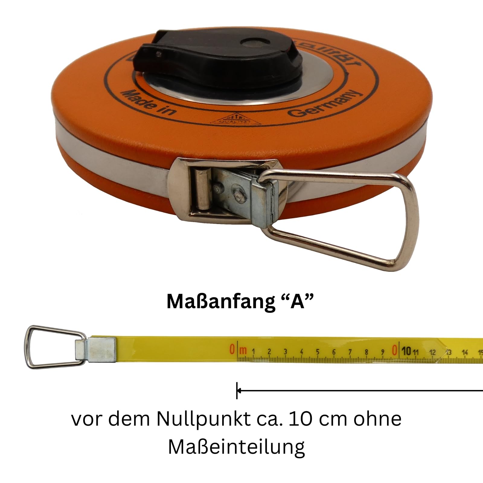 Richter Glasfaserbandmaß 50 m – 16 mm breit – gelbes Gewebeband mit mm-Teilung – in robuster Platalkapsel mit Kunststoffüberzug – Maßanfang A (10 cm Vorlauf) inkl. DEWEPRO Zollstock 2 m