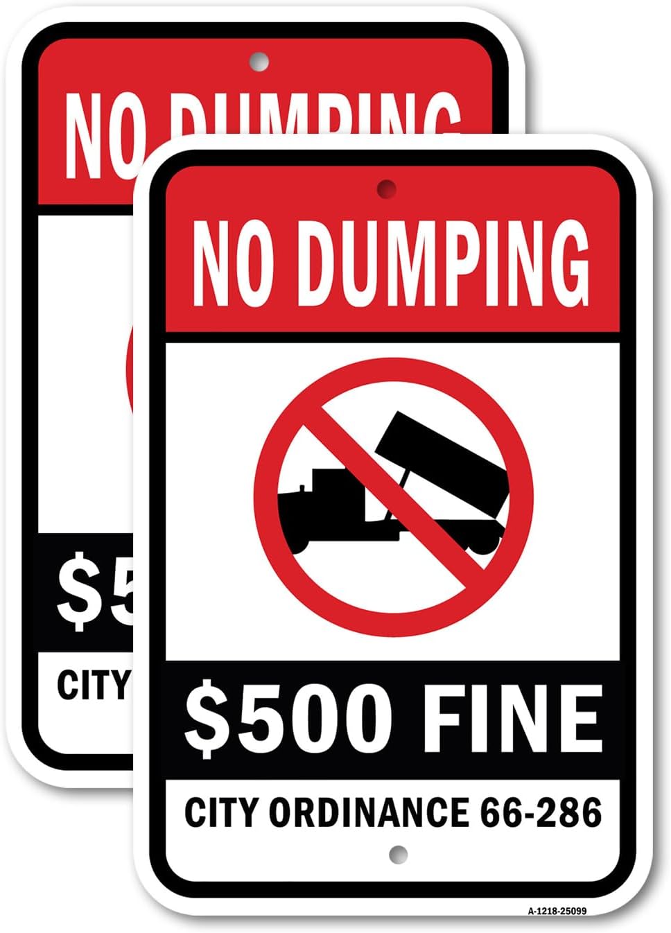 (2 Pack) No Dumping $500 Fine City Ordinance 66-286 | 18-Inch x 24-Inch Aluminum Parking Sign | Heavy Gauge, Rust Free Metal, Weatherproof, UV Protected & Fade Resistant