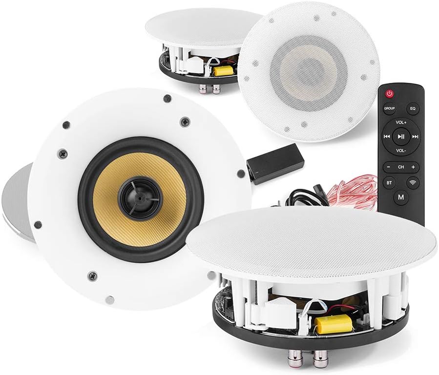 8″ Multi Room Ceiling Speaker System – WiFi Bluetooth Wireless Smart Home 2-Zone Audio Set, 4x Speakers, App Control, High Power Kevlar Sound Quality