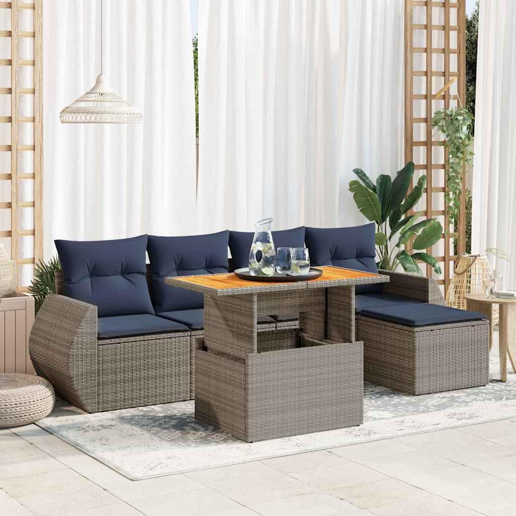 Set Divano da Giardino 6 Pezzi in Polyrattan Grigio con Tavolo | Salotto componibile da esterno per terrazzo con tavolino sollevabile e cuscini blu marino per momenti di relax in famiglia.