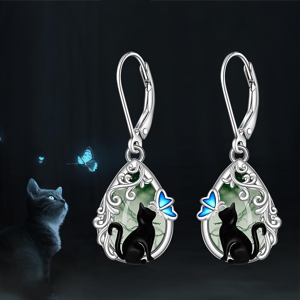 Cat Earrings Moss Agate Black Cat Earrings for Women Sterling Silver Leverback Dangle Moss Agate Jewelry for Halloween Christmas - Image 6
