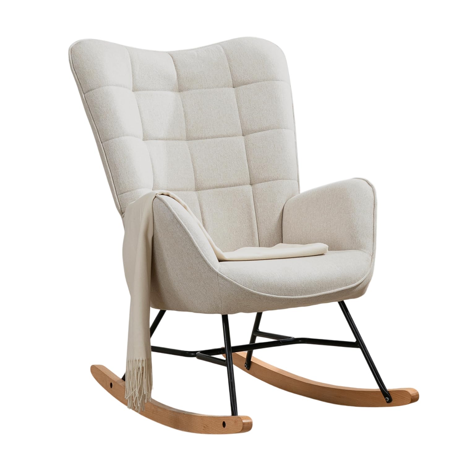 MEUBLE COSY Sedia a Dondolo Poltrona Imbottita Relax con Braccioli Schienale Alto per Soggiorno Cameretta in Tessuto con Gambe in Legno
