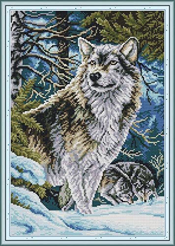 Cross Stitch Counted Kits Stamped Kit Cross-Stitching Pattern for Home Decor, 11CT Pre-Printed Fabric Embroidery Crafts Needlepoint Kit (Printed Kits,Leader Wolf)