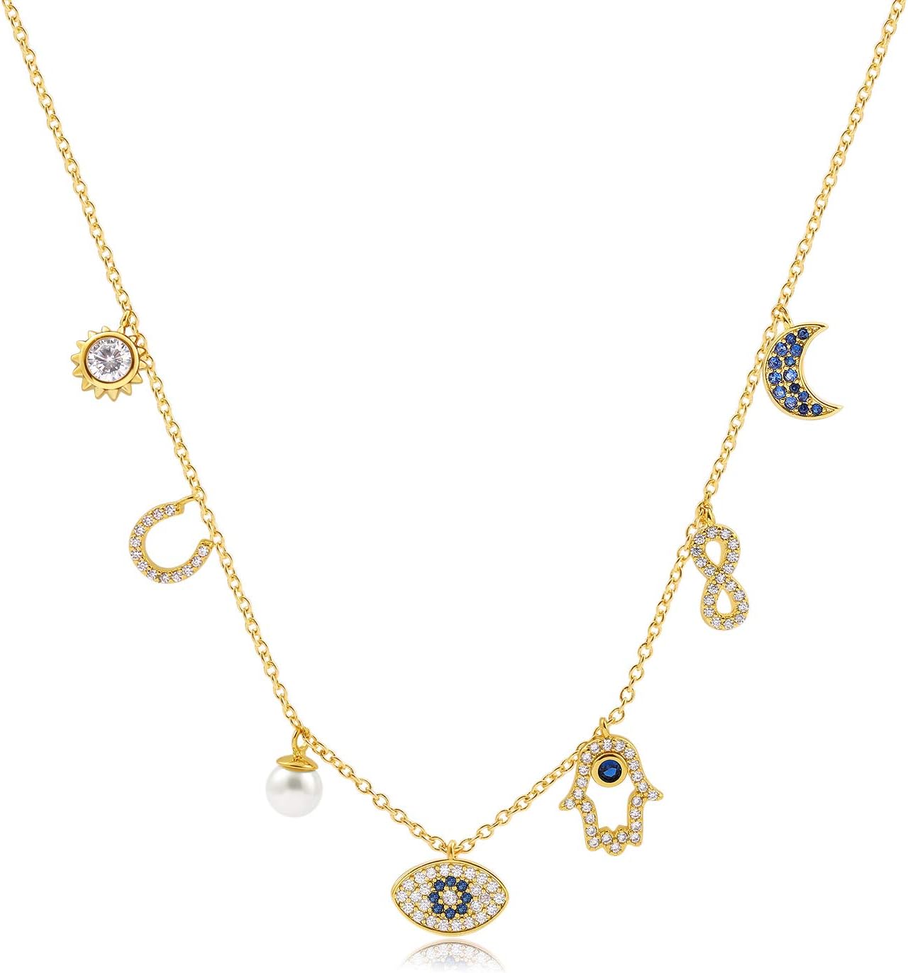 SLOONG Evil Eye Necklace Hamsa Hand Necklace 14K Gold Plated Dainty Necklace White Blue Cz Pendant Necklace for Women