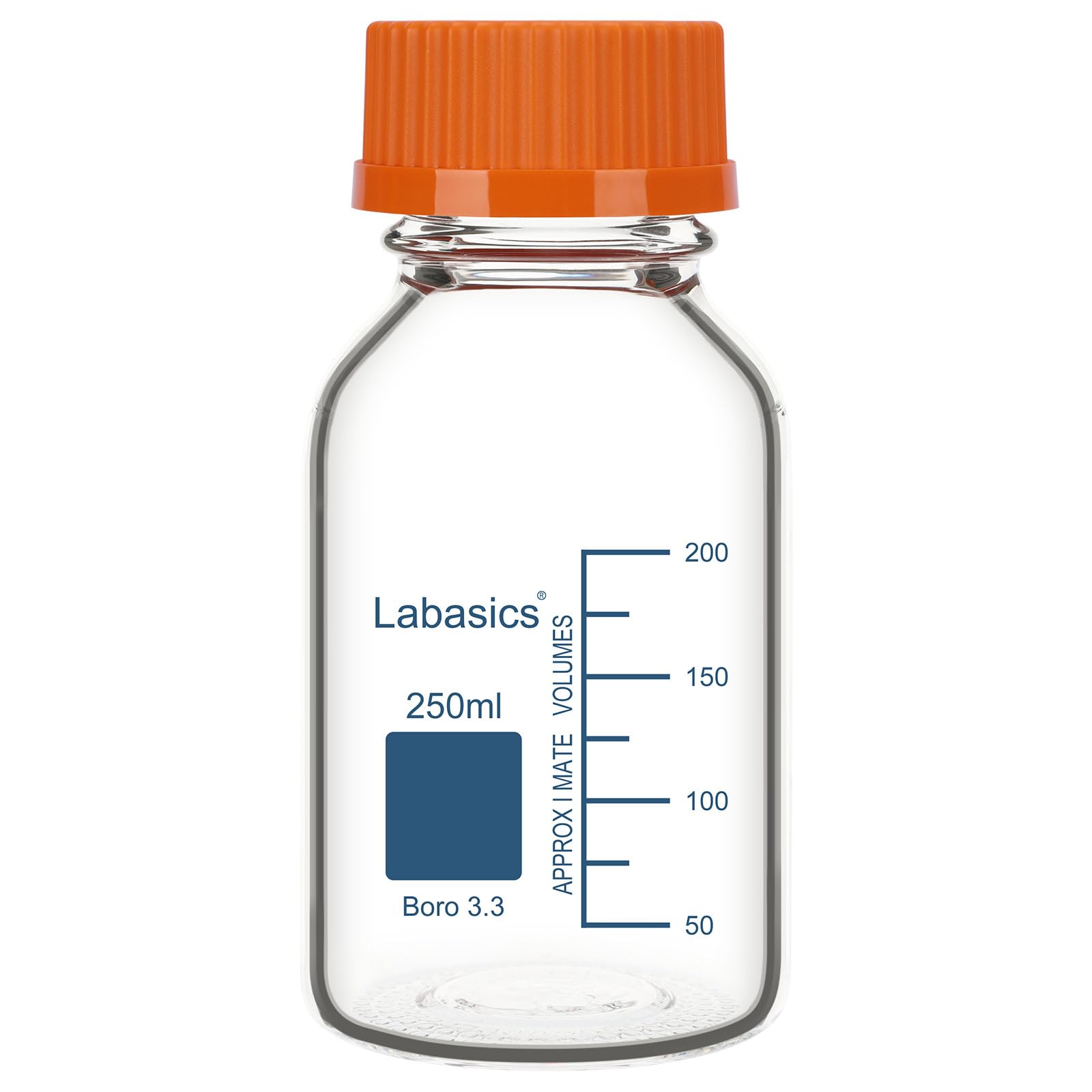 Labasics Orange Borosilicate Glass Media Storage Bottle With Gl45 Cap, For Laboratory Storage, 1 Pack, 250 Ml
