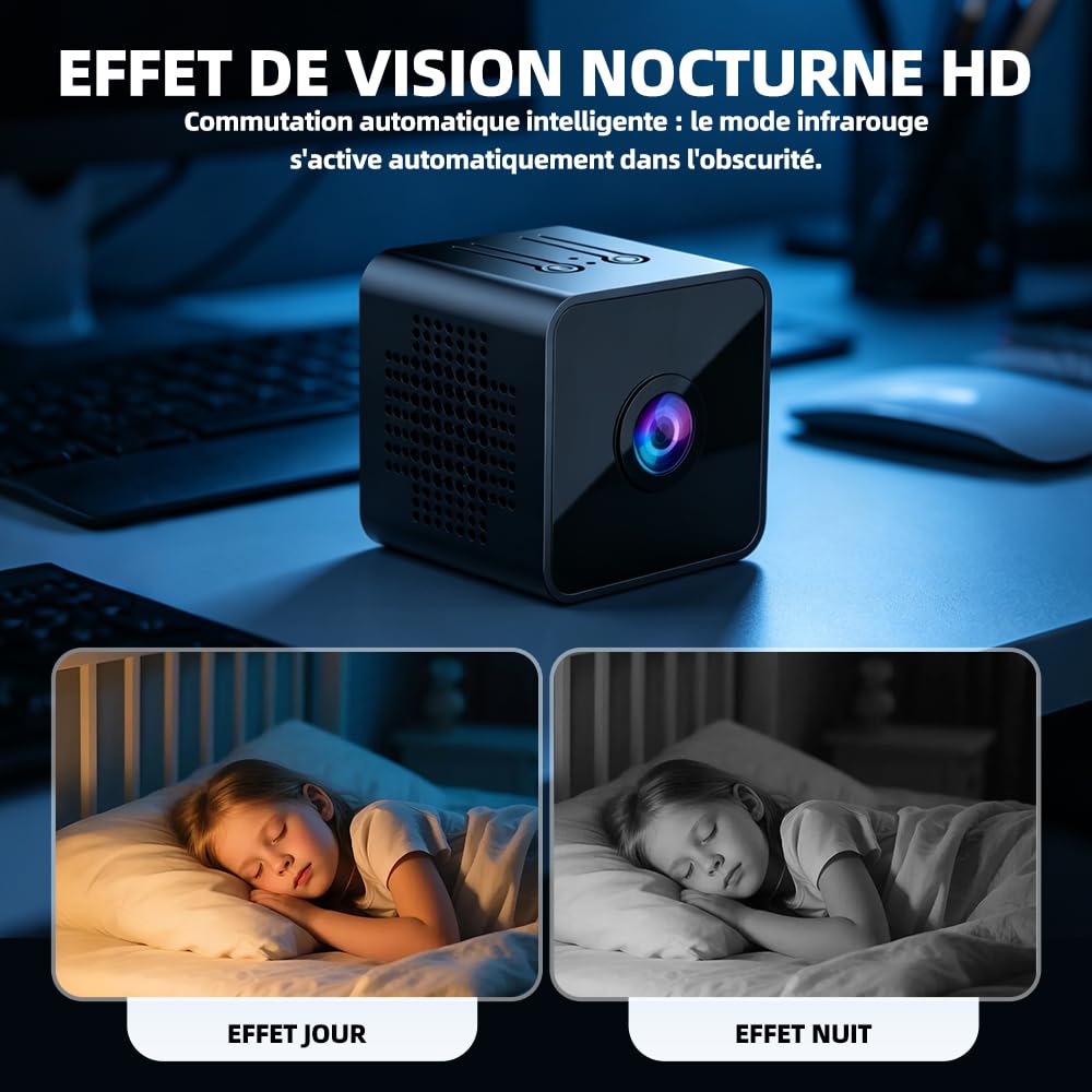 Mini Caméra Espion WiFi 1080P Full HD, Caméra de Surveillance Intérieure Discrète avec Détection de Mouvement et Vision Nocturne, Petite Caméra Connectée pour Bébé, Maison, Bureau et Auto, Noir