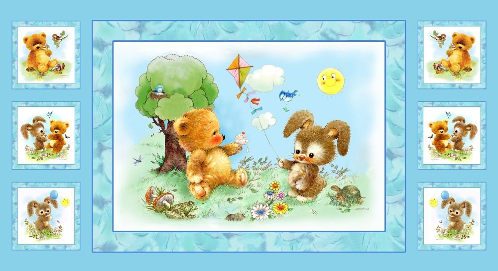 Best Friends Animals Blue Panel Cotton Quilting Fabric -60cm x 110cm-SPX